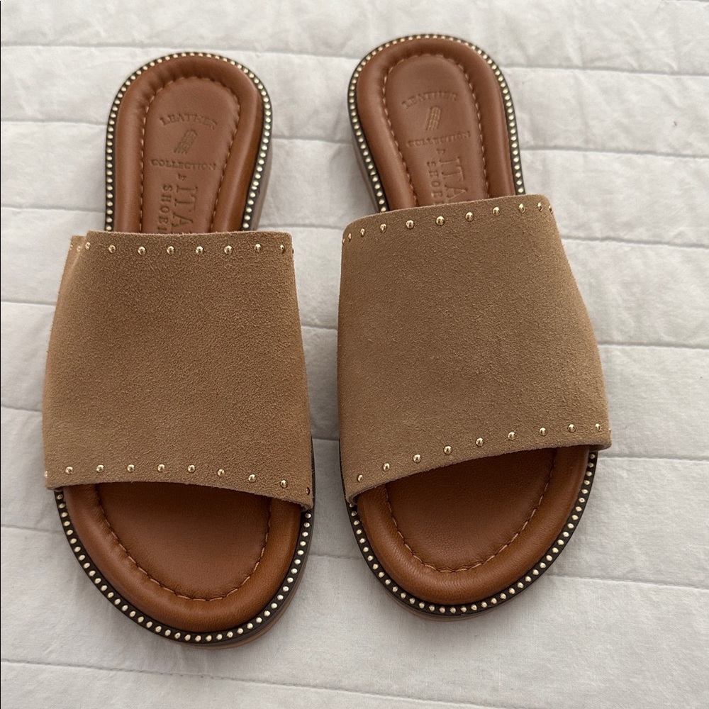 Italian Shoemakers Tan Slide Sandals with Stud Trim
